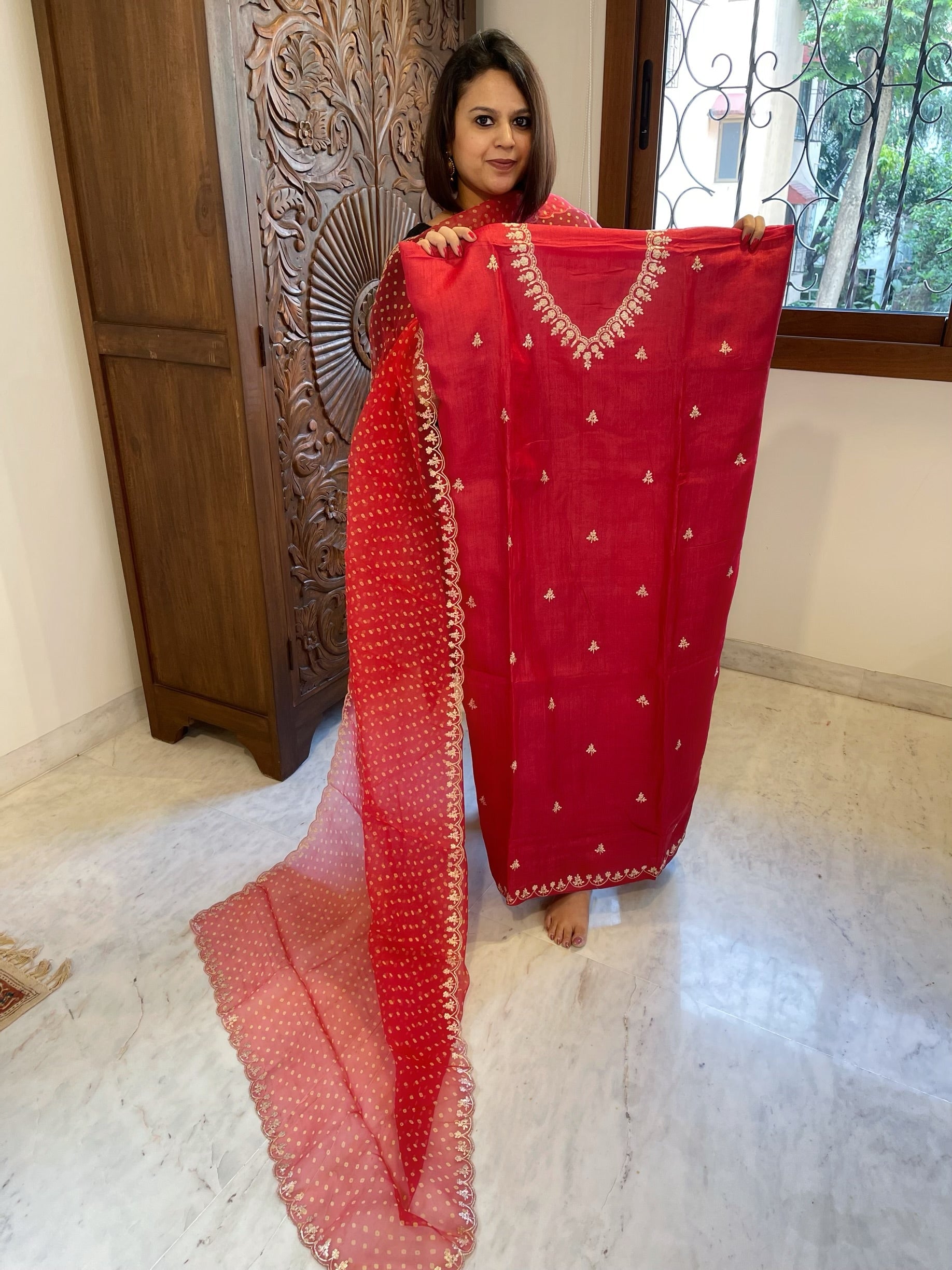 Red Suit Set with Pitta Work in Pure Tussar Silk - Masakalee