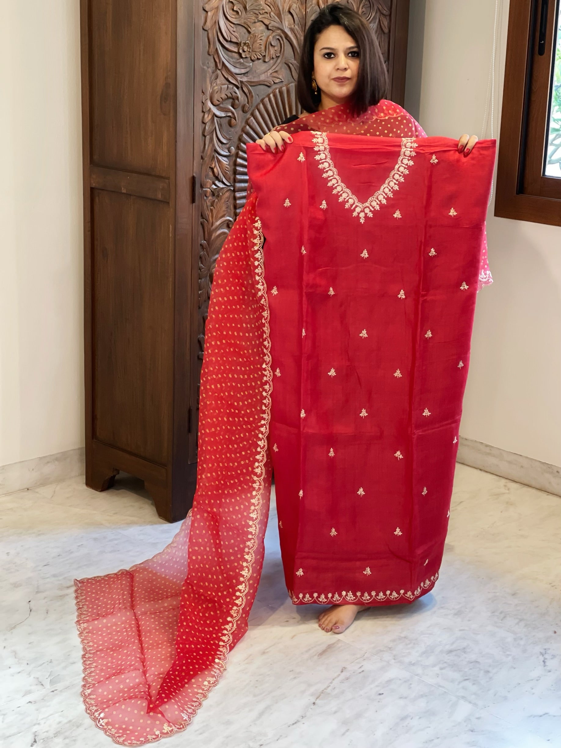Red Suit Set with Pitta Work in Pure Tussar Silk - Masakalee