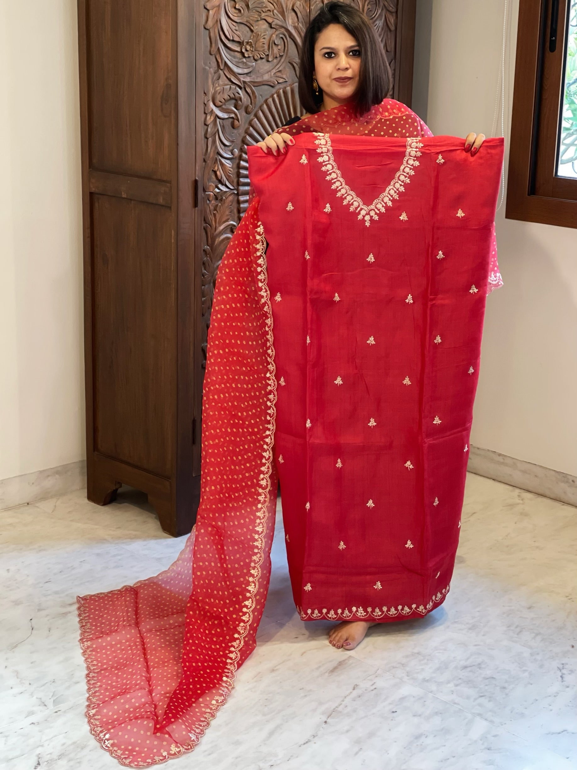 Red Suit Set with Pitta Work in Pure Tussar Silk - Masakalee