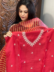 Red Suit Set with Pitta Work in Pure Tussar Silk - Masakalee