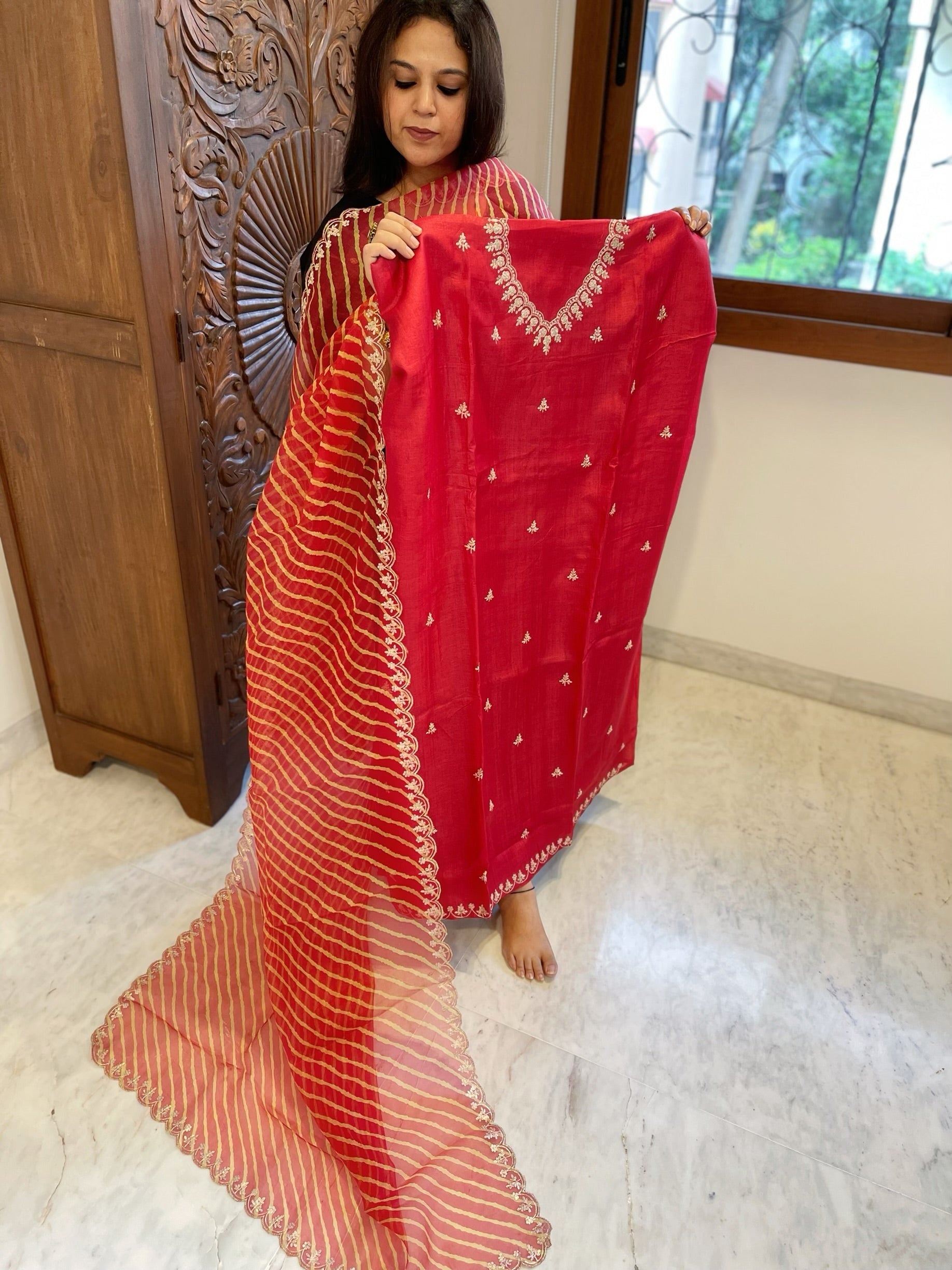 Red Suit Set with Pitta Work in Pure Tussar Silk - Masakalee