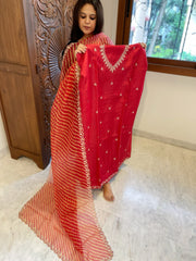 Red Suit Set with Pitta Work in Pure Tussar Silk - Masakalee