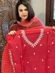 Red Suit Set with Pitta Work in Pure Tussar Silk - Masakalee
