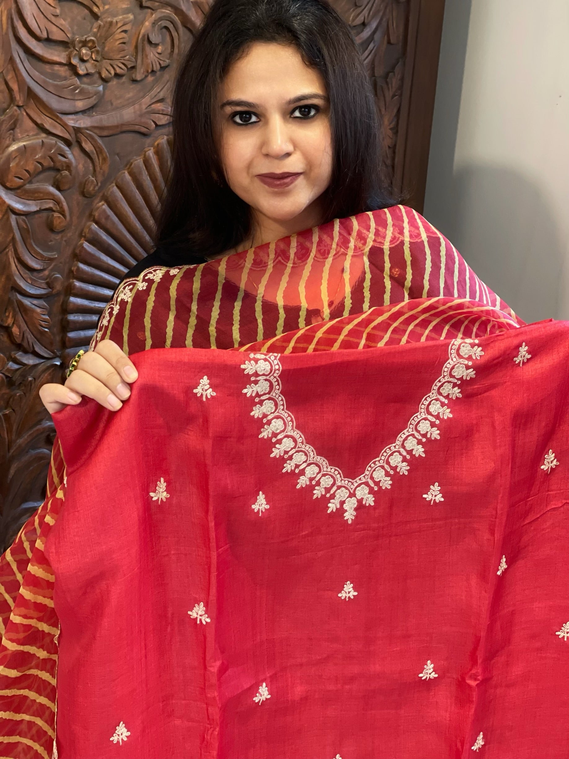 Red Suit Set with Pitta Work in Pure Tussar Silk - Masakalee