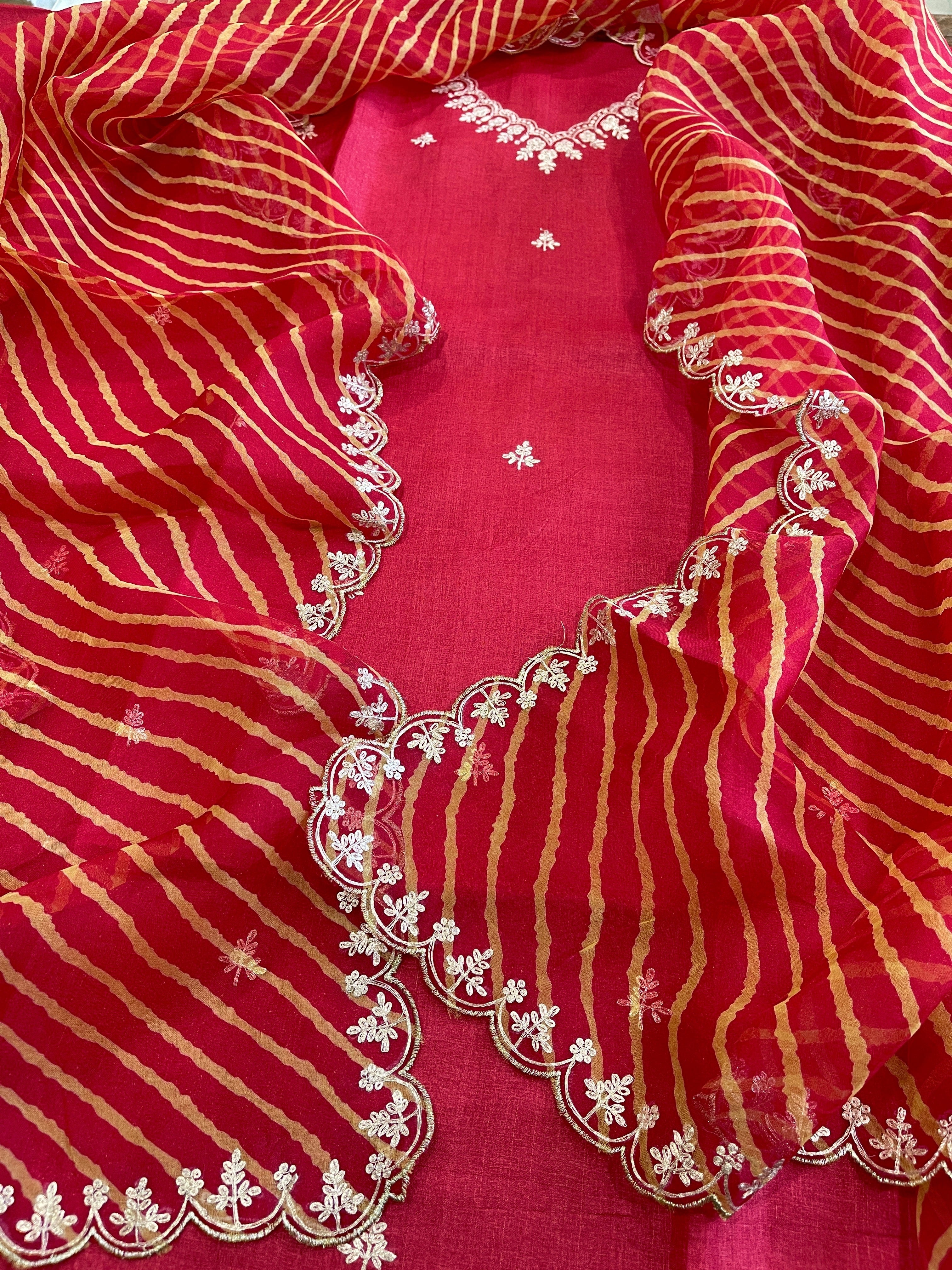 Red Suit Set with Pitta Work in Pure Tussar Silk - Masakalee