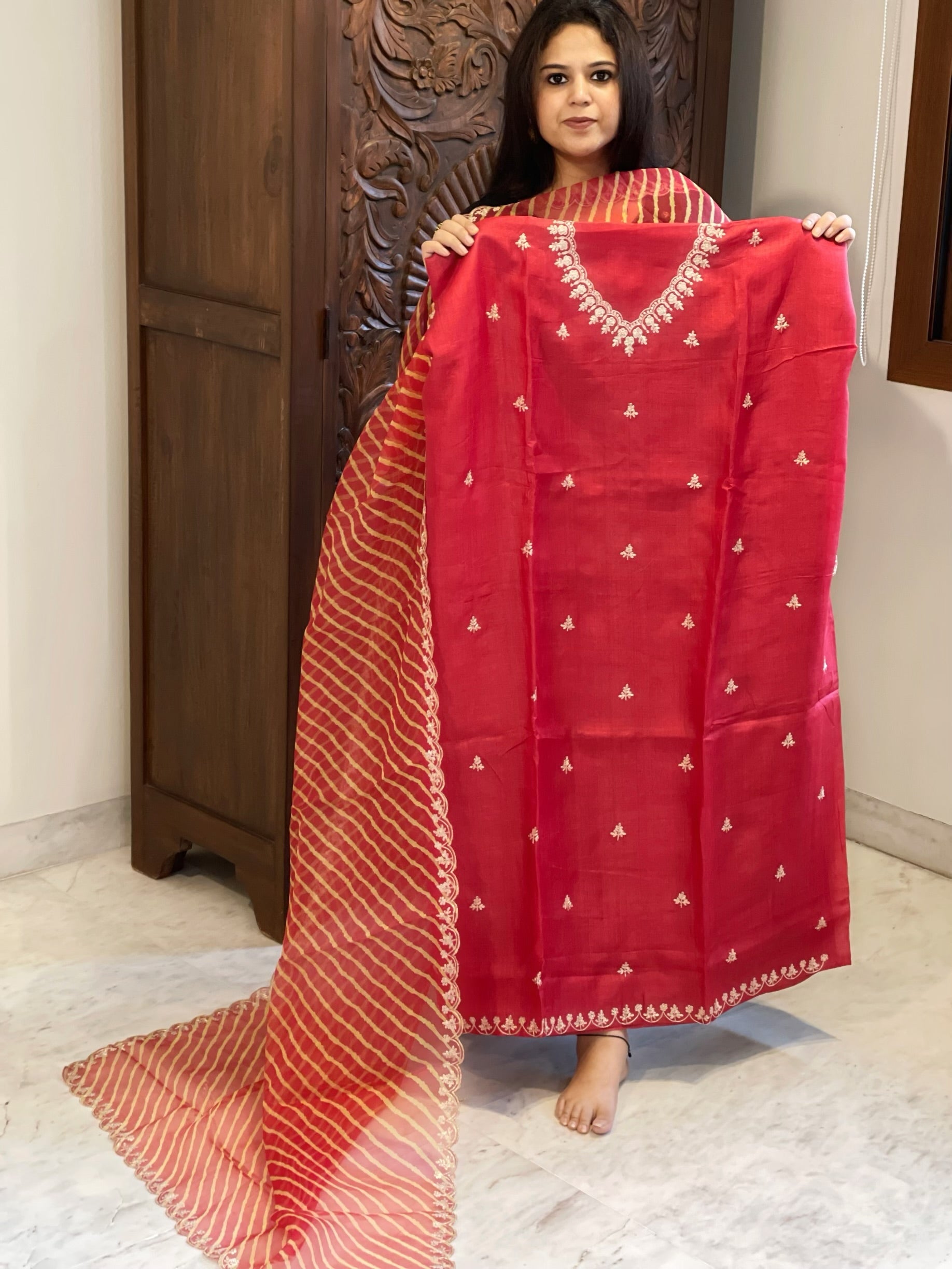 Red Suit Set with Pitta Work in Pure Tussar Silk - Masakalee