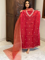 Red Suit Set with Pitta Work in Pure Tussar Silk - Masakalee