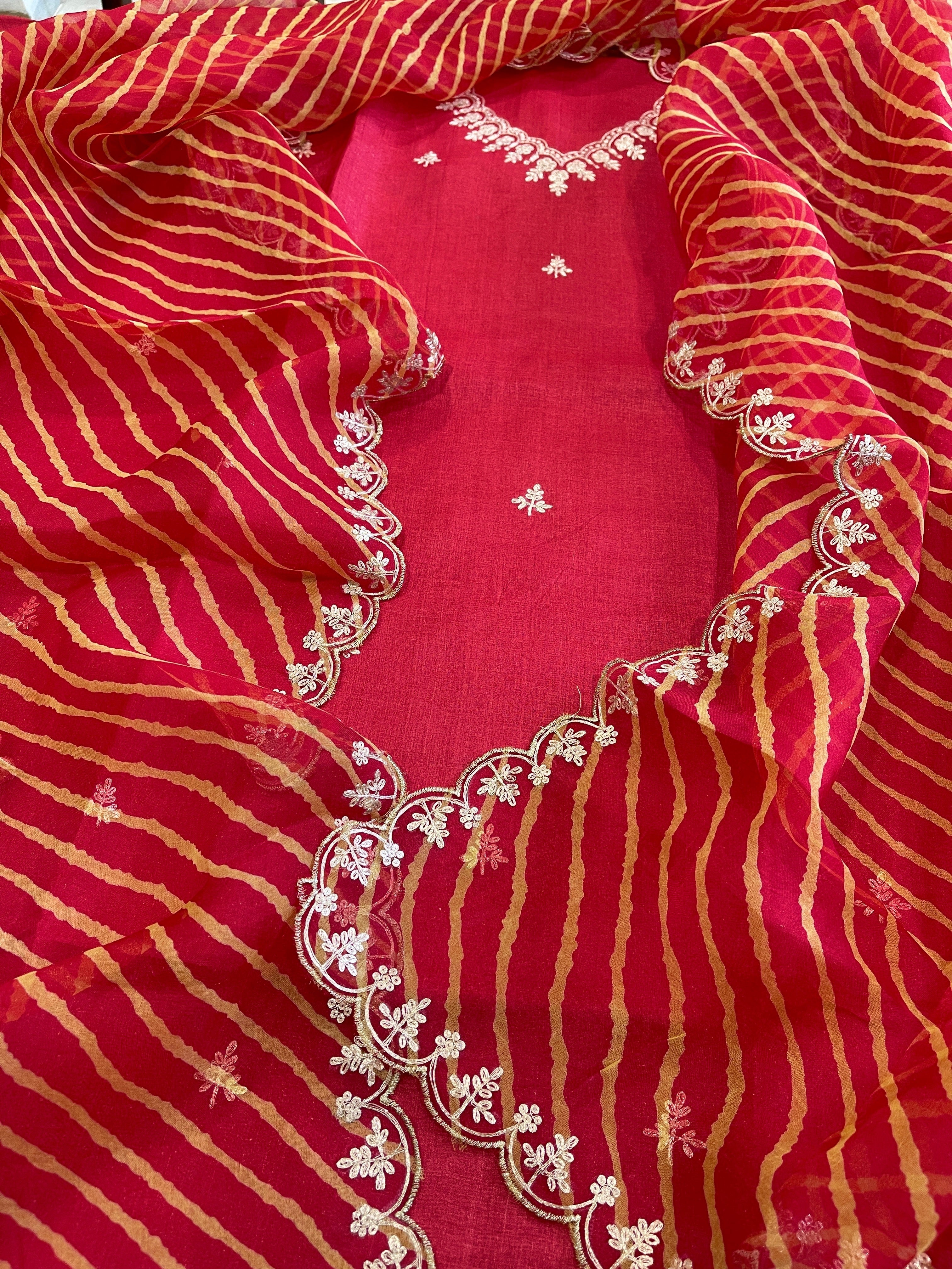 Red Suit Set with Pitta Work in Pure Tussar Silk - Masakalee