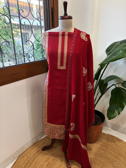 Red Winter Suit Set with Aari Work in Pashmina Wool - Masakalee