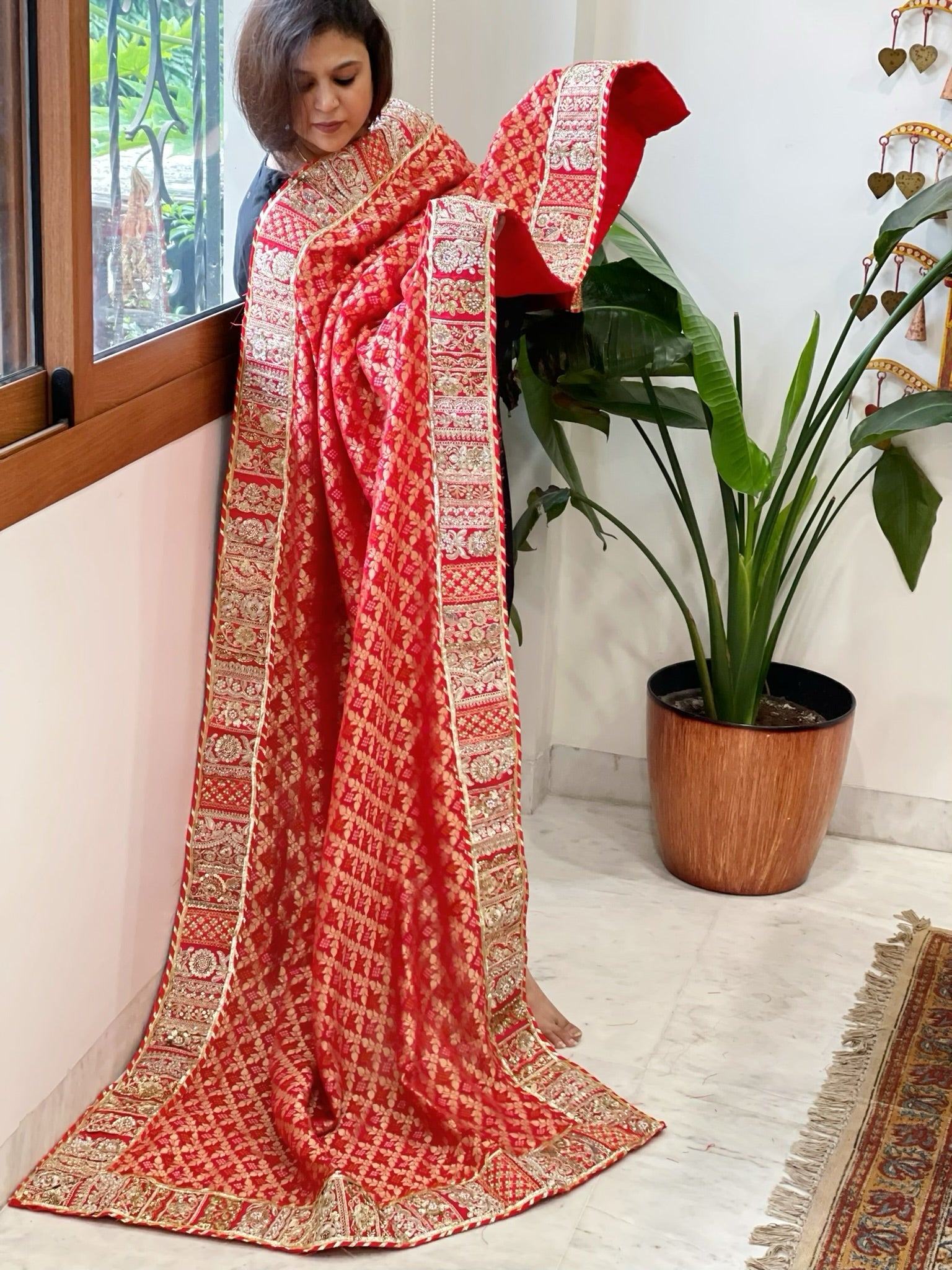 Red Woven Bandhej Banarasi Dupatta in Fine Georgette with Pearl, Sequin, Dabka Work - Masakalee