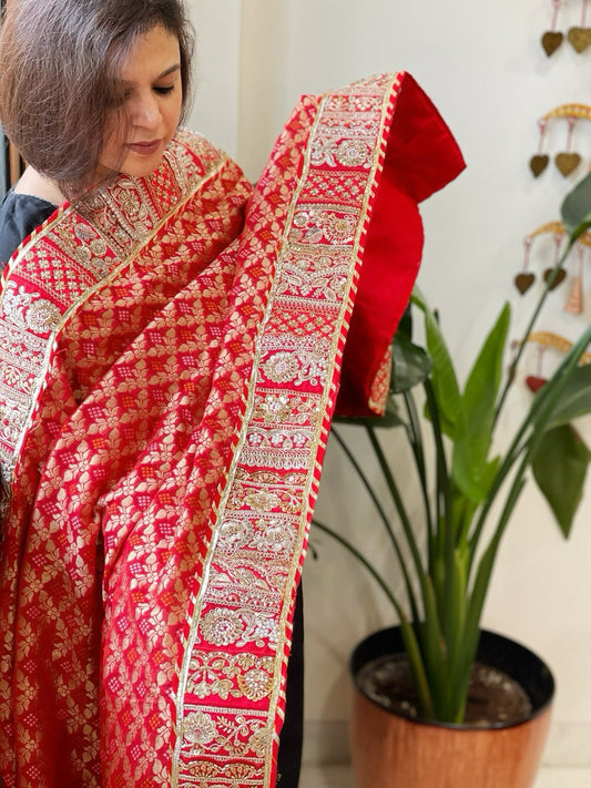 Red Woven Bandhej Banarasi Dupatta in Fine Georgette with Pearl, Sequin, Dabka Work - Masakalee