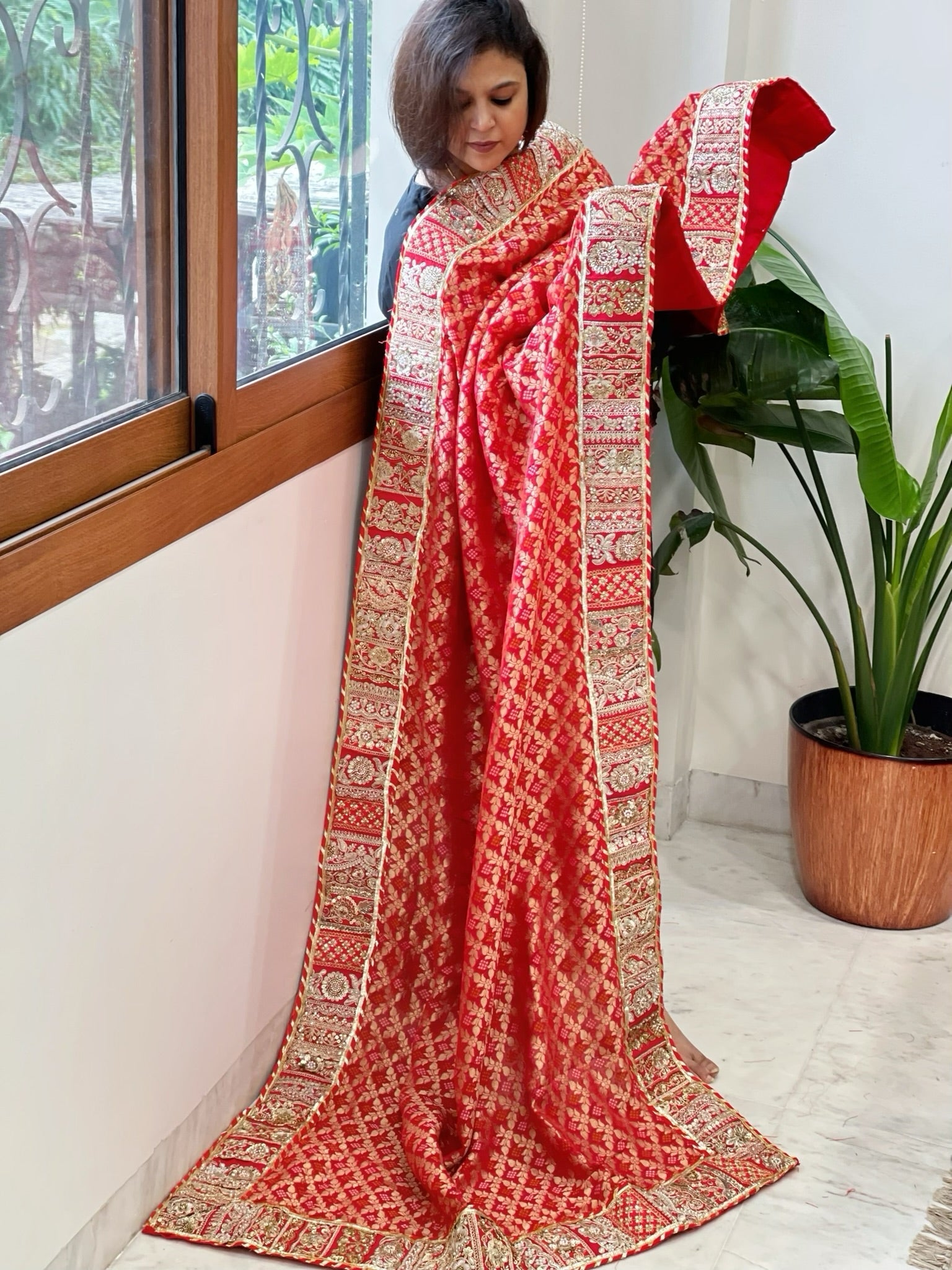 Red Woven Bandhej Banarasi Dupatta in Fine Georgette with Pearl, Sequin, Dabka Work - Masakalee