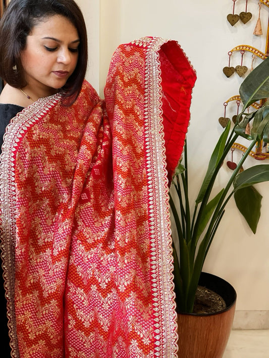 Red Woven Bandhej Banarasi Dupatta in Fine Georgette with Zardosi Work - Masakalee