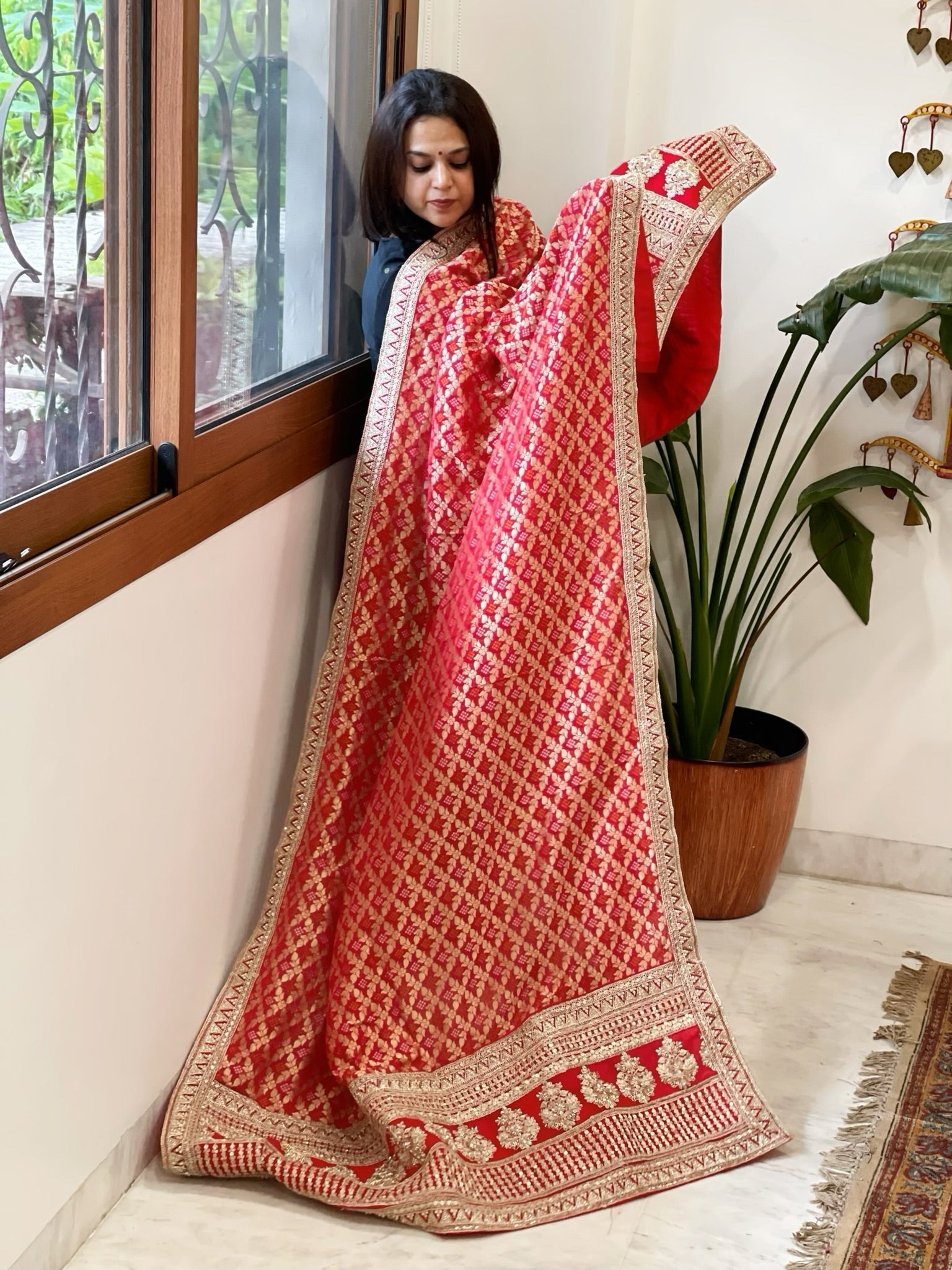 Red Woven Bandhej Banarasi Dupatta in Fine Georgette with Zardosi Work - Masakalee