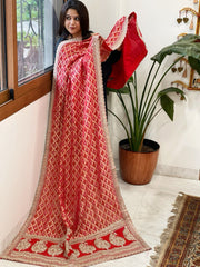Red Woven Bandhej Banarasi Dupatta in Fine Georgette with Zardosi Work - Masakalee