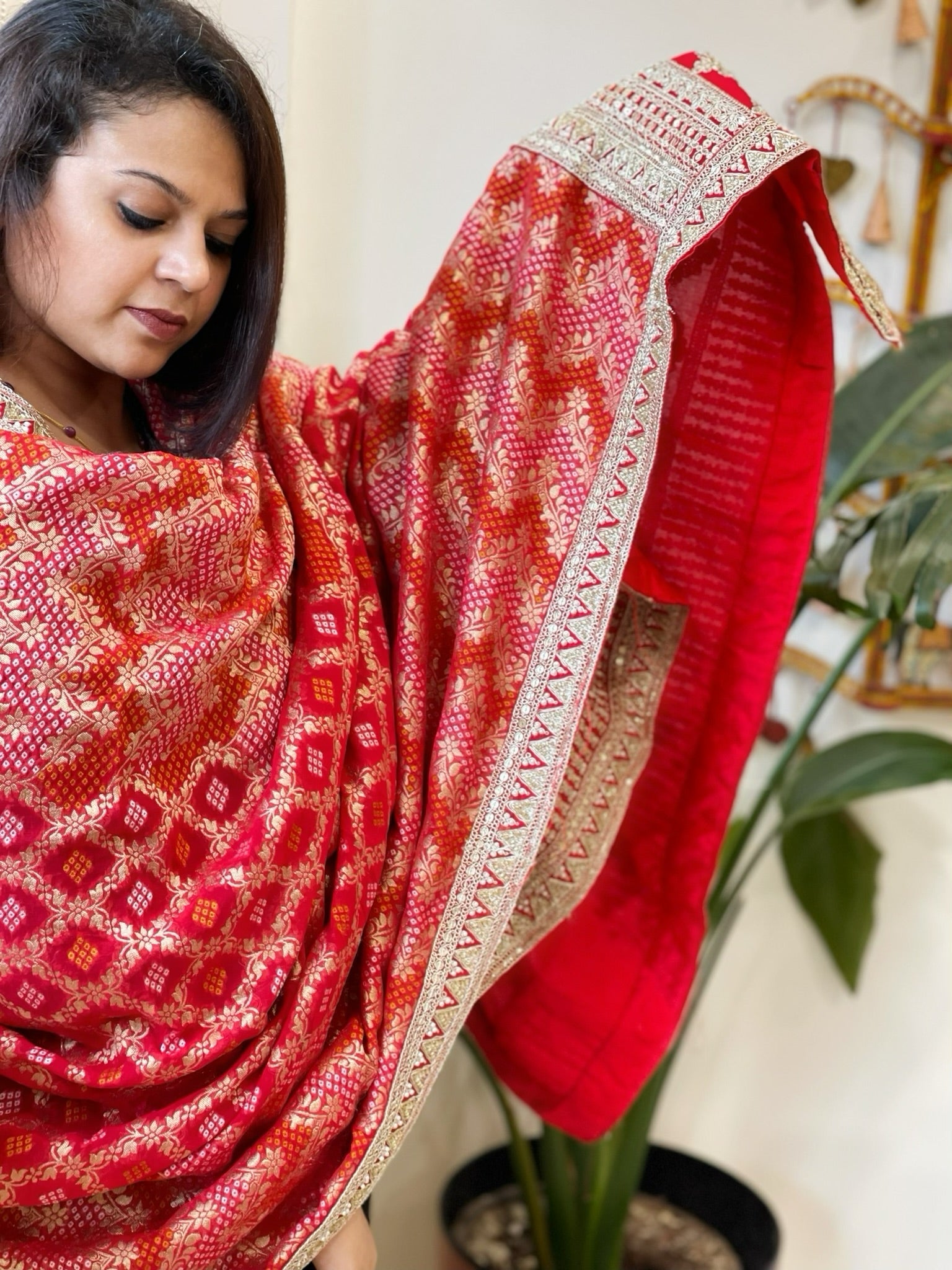 Red Woven Bandhej Banarasi Dupatta in Fine Georgette with Zardosi Work - Masakalee