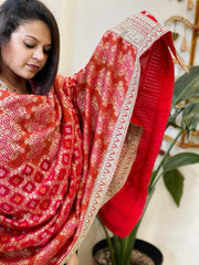 Red Woven Bandhej Banarasi Dupatta in Fine Georgette with Zardosi Work - Masakalee