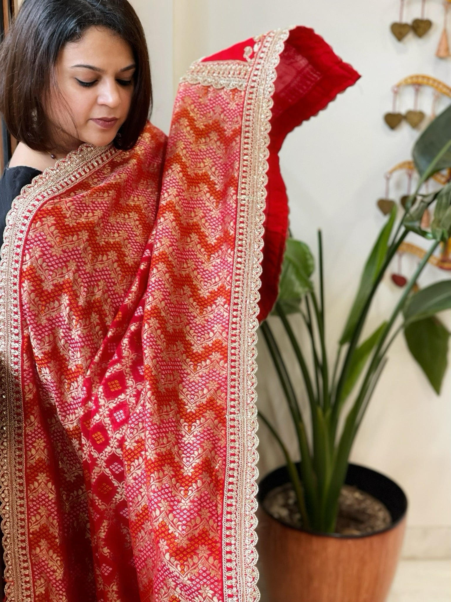 Red Woven Bandhej Banarasi Dupatta in Fine Georgette with Zardosi Work - Masakalee