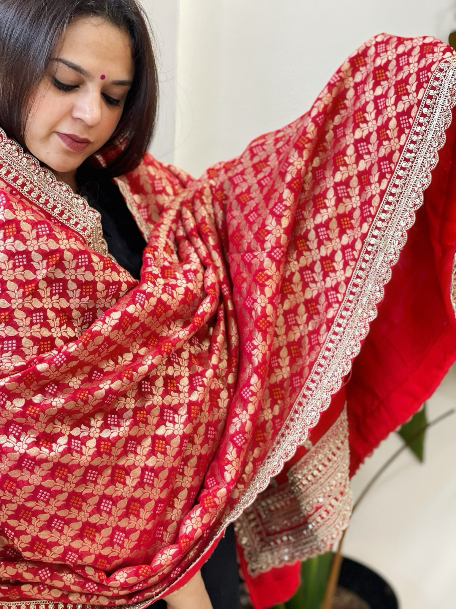 Red Woven Bandhej Banarasi Dupatta in Fine Georgette with Zardosi Work - Masakalee