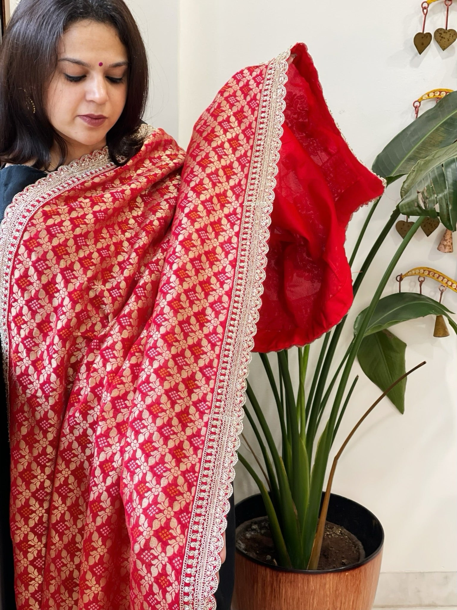 Red Woven Bandhej Banarasi Dupatta in Fine Georgette with Zardosi Work - Masakalee