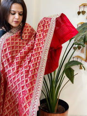 Red Woven Bandhej Banarasi Dupatta in Fine Georgette with Zardosi Work - Masakalee