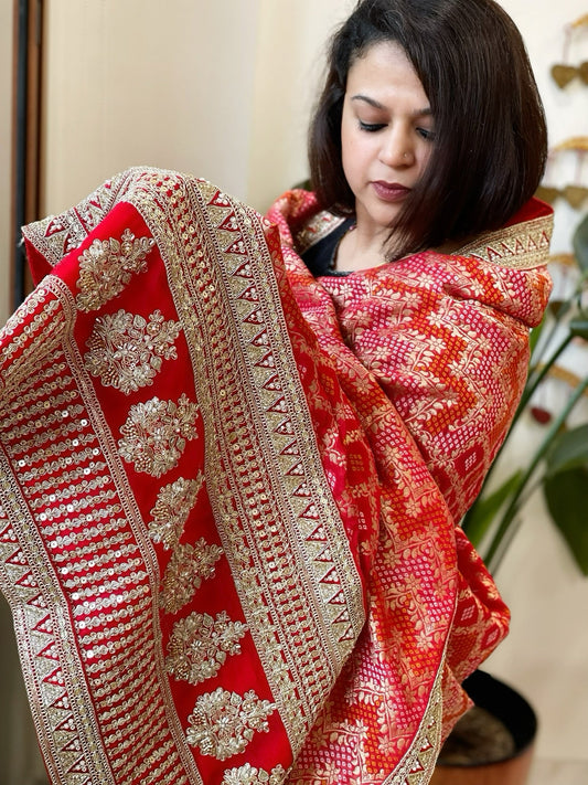 Red Woven Bandhej Banarasi Dupatta in Fine Georgette with Zardosi Work - Masakalee