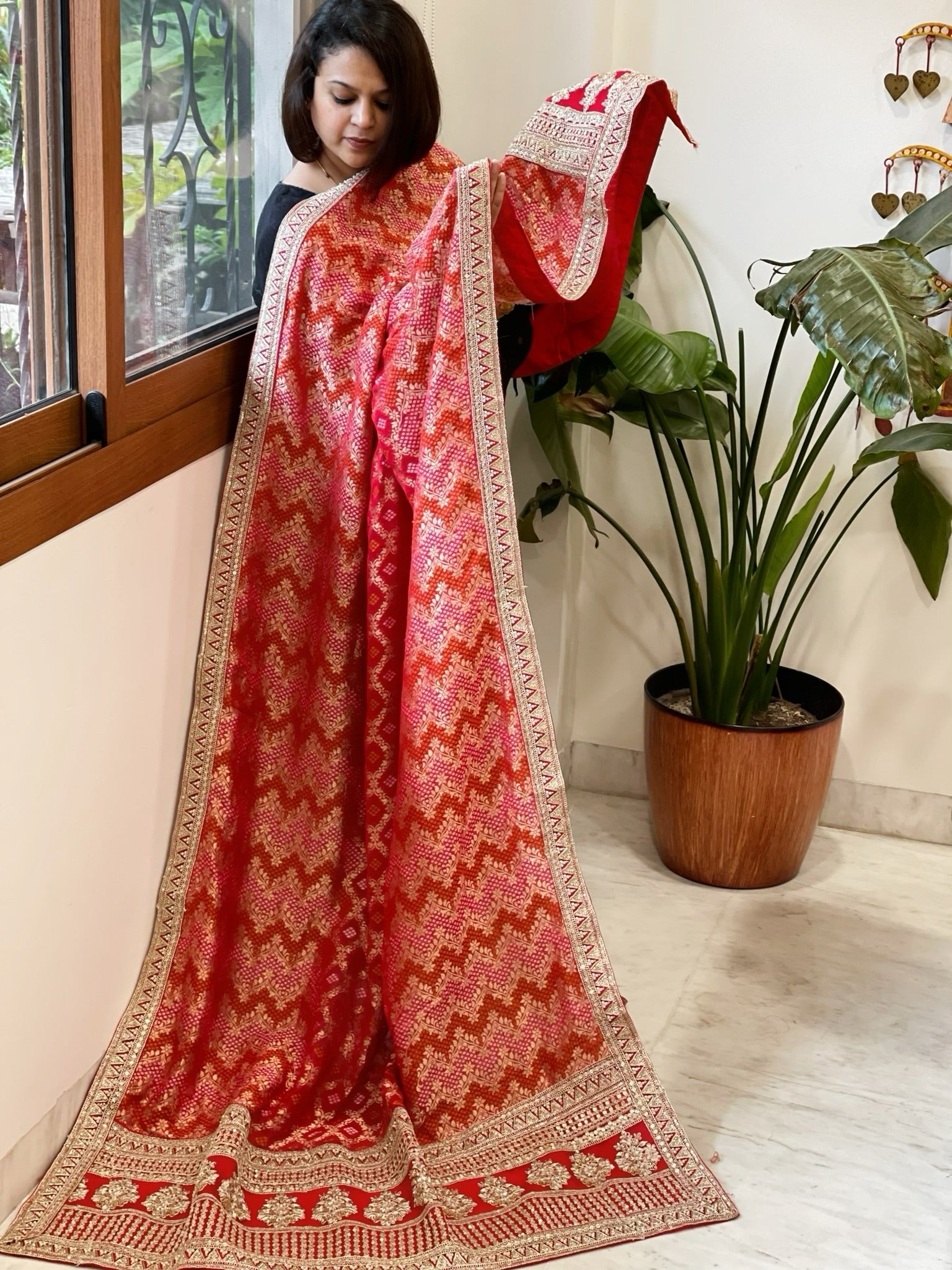 Red Woven Bandhej Banarasi Dupatta in Fine Georgette with Zardosi Work - Masakalee