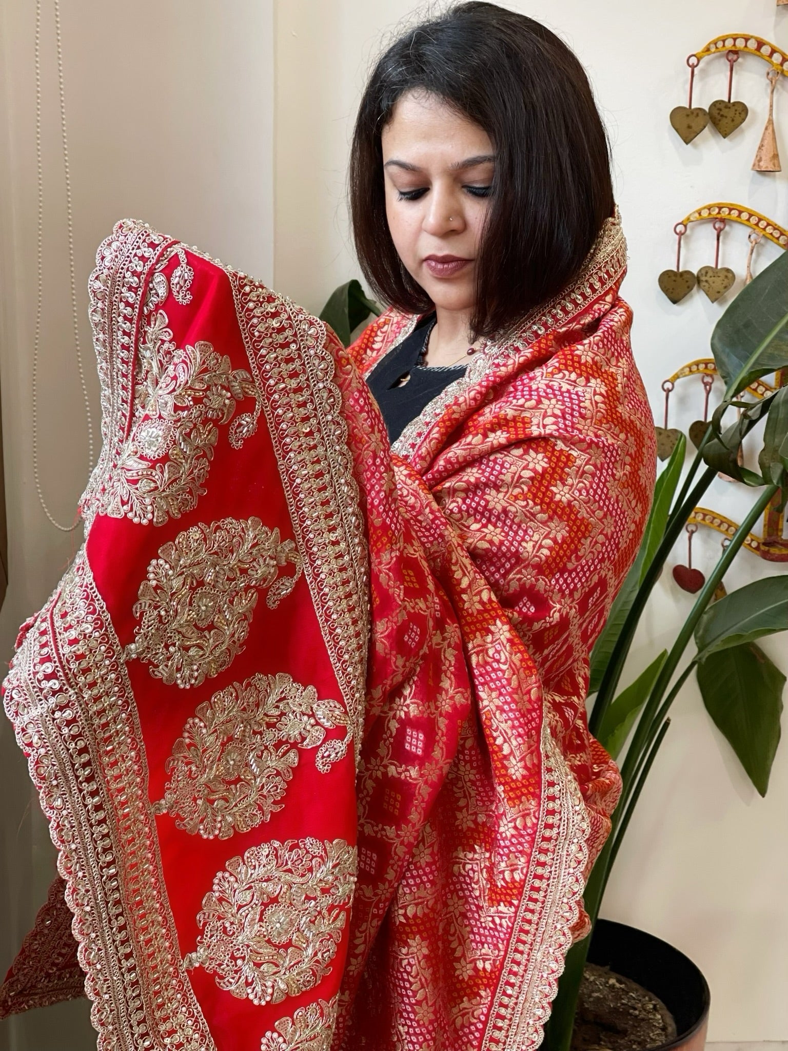 Red Woven Bandhej Banarasi Dupatta in Fine Georgette with Zardosi Work - Masakalee