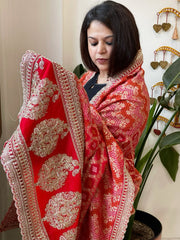 Red Woven Bandhej Banarasi Dupatta in Fine Georgette with Zardosi Work - Masakalee