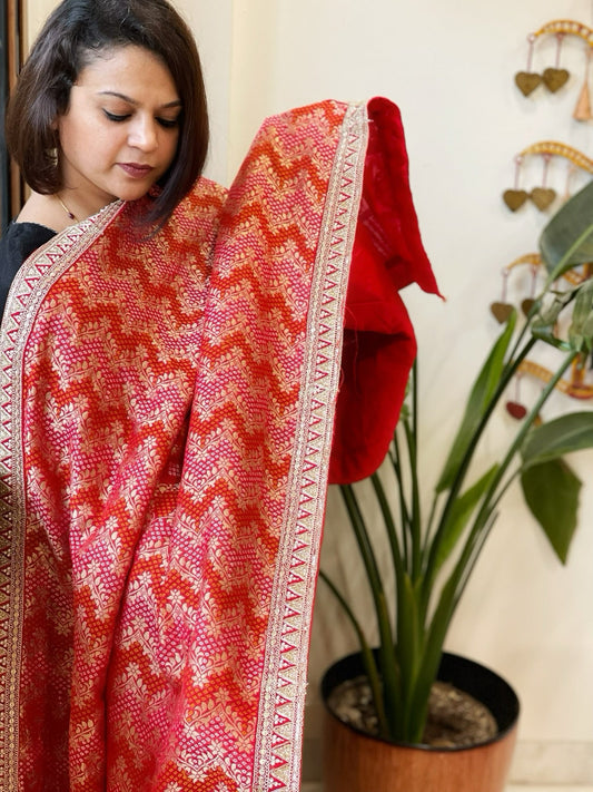 Red Woven Bandhej Banarasi Dupatta in Fine Georgette with Zardosi Work - Masakalee