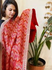 Red Woven Bandhej Banarasi Dupatta in Fine Georgette with Zardosi Work - Masakalee