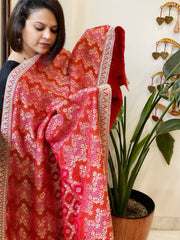 Red Woven Bandhej Banarasi Dupatta in Fine Georgette with Zardosi Work - Masakalee