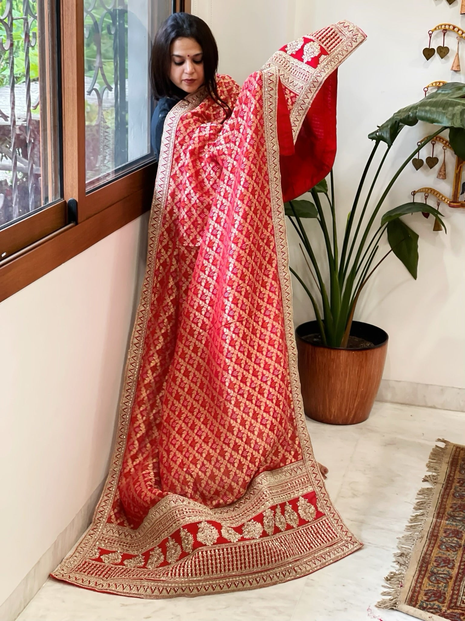 Red Woven Bandhej Banarasi Dupatta in Fine Georgette with Zardosi Work - Masakalee
