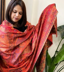 Red Woven Kaani Jaal Pashmina Shawl with Zari - Masakalee