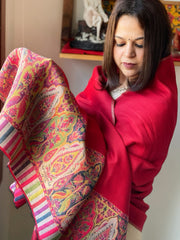 Red Woven Woollen Reversible Zari Shawl with Kaani Pallu - Masakalee