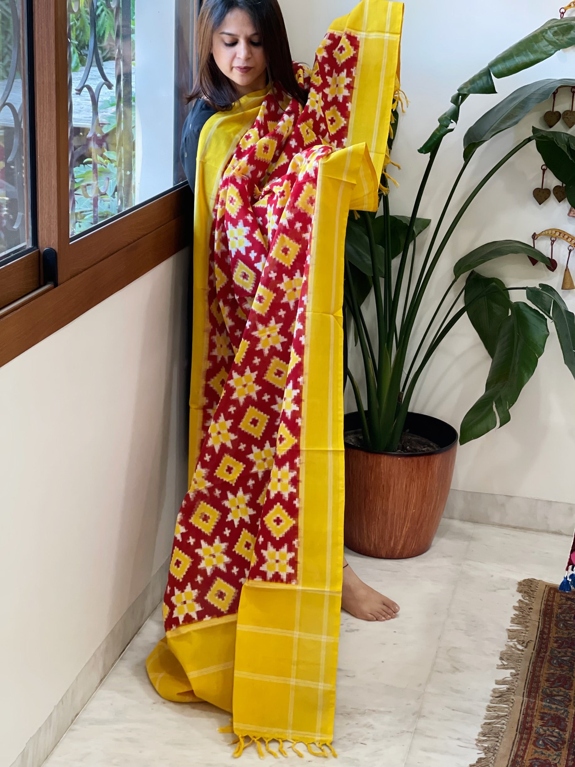 Red, Yellow Double Ikat Telia Rumal Dupatta in Cotton - Masakalee