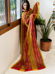 Red, Yellow Handmade Kantha Dupatta in Silk - Masakalee
