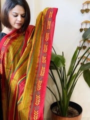 Red, Yellow Handmade Kantha Dupatta in Silk - Masakalee
