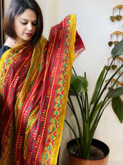 Red, Yellow Handmade Kantha Dupatta in Silk - Masakalee