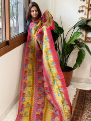 Red, Yellow Handmade Kantha Dupatta in Silk - Masakalee