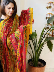 Red, Yellow Handmade Kantha Dupatta in Silk - Masakalee