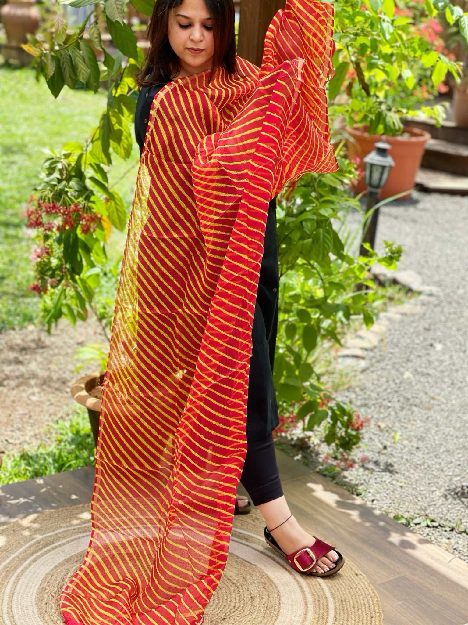 Red, Yellow Kota Silk Leheriya Dupatta - Masakalee