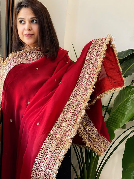 Reddish Maroon Chiffon Georgette Dupatta with Sequin Buta and Heavy Embroidered Border - Masakalee