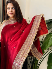 Reddish Maroon Chiffon Georgette Dupatta with Sequin Buta and Heavy Embroidered Border - Masakalee