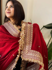 Reddish Maroon Chiffon Georgette Dupatta with Sequin Buta and Heavy Embroidered Border - Masakalee