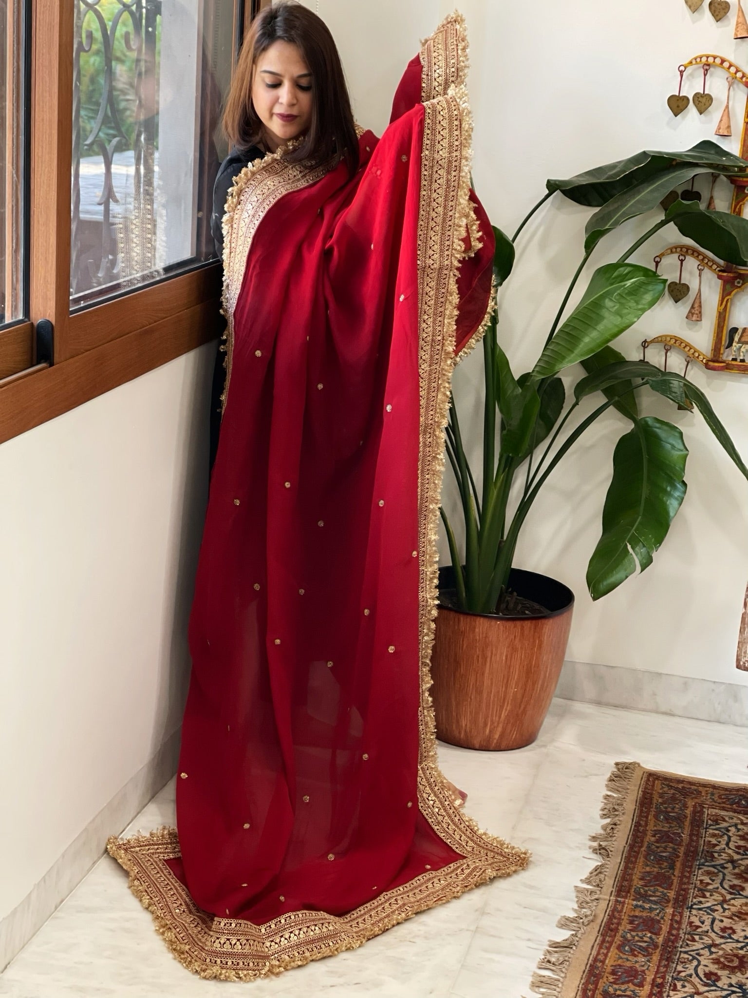 Reddish Maroon Chiffon Georgette Dupatta with Sequin Buta and Heavy Embroidered Border - Masakalee