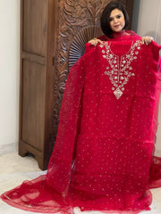 Reddish Maroon Suit Set with Mukaish Badla Handwork in Pure Organza - Masakalee