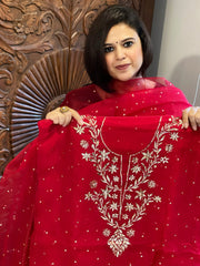 Reddish Maroon Suit Set with Mukaish Badla Handwork in Pure Organza - Masakalee