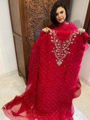 Reddish Maroon Suit Set with Mukaish Badla Handwork in Pure Organza - Masakalee