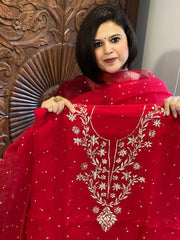 Reddish Maroon Suit Set with Mukaish Badla Handwork in Pure Organza - Masakalee